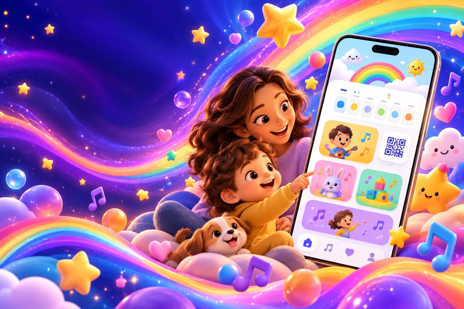 Мама с ребёнком открывают мир Rainbow в приложении